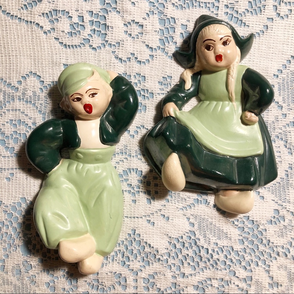 Two Vintage Chalkware Dutch boy and girl figures wall decor